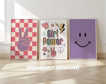 Cool girl bedroom set of 3 prints, smile face, retro style, tween room, girl power, peace wall art, colourful kids decor, checkerboard, pink