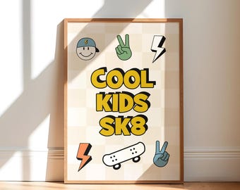 Skater, stampa per camera da letto per ragazzi, scacchiera, infanzia, stampa per bambini cool, pattinaggio, stampe per camerette per adolescenti, skateboard, stampe in stile retrò