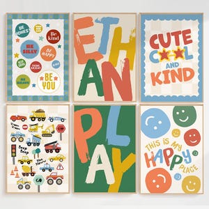Impressions de chambre de garçons, lot de 6, oeuvre d'art murale colorée pour tout-petit, véhicule de construction, impression de chambre de bébé, affirmation positive, personnalisée, salle de jeux