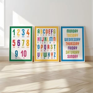 Láminas educativas para niños, láminas escolares, juego de 3, láminas para salas de juegos, números, carteles educativos, aprendizaje preescolar, láminas de arcoíris