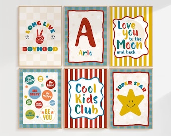 Set von 6 coolen Kinderdrucken, Jungen Schlafzimmer, personalisiert, Liebe dich zum Mond, Kinderzimmer Zitat, Kleinkind Wandkunst, bunte Kinder, Spielzimmerdekor