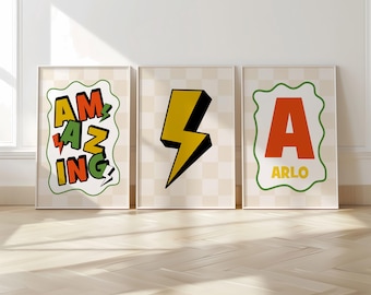 Juego de 3, arte infantil retro, personalizado, impresión inicial, impresiones geniales para dormitorio de niños, tablero de ajedrez, guardería retro, impresión infantil, iluminación