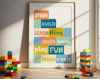 Building blocks, kids playroom print, boys nursery art, building brick, playroom poster, create build learn, block print, boys bedroom