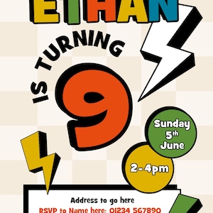 Puede incluir: Una colorida invitaci&oacute;n de cumplea&ntilde;os con el nombre "ETHAN" en letras audaces. El n&uacute;mero "9" se muestra de forma destacada, junto con la fecha "Domingo 5 de junio" y la hora "14-16h". Incluye detalles de RSVP.