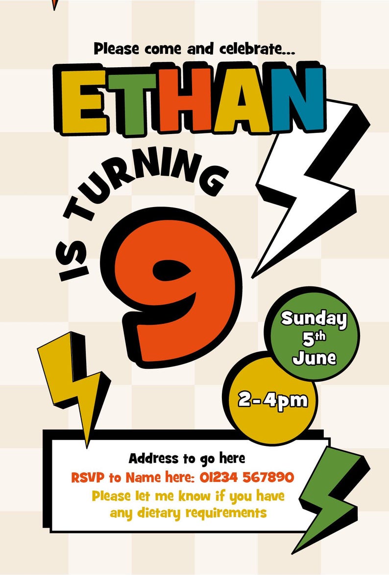 Puede incluir: Una colorida invitaci&oacute;n de cumplea&ntilde;os con el nombre "ETHAN" en letras audaces. El n&uacute;mero "9" se muestra de forma destacada, junto con la fecha "Domingo 5 de junio" y la hora "14-16h". Incluye detalles de RSVP.