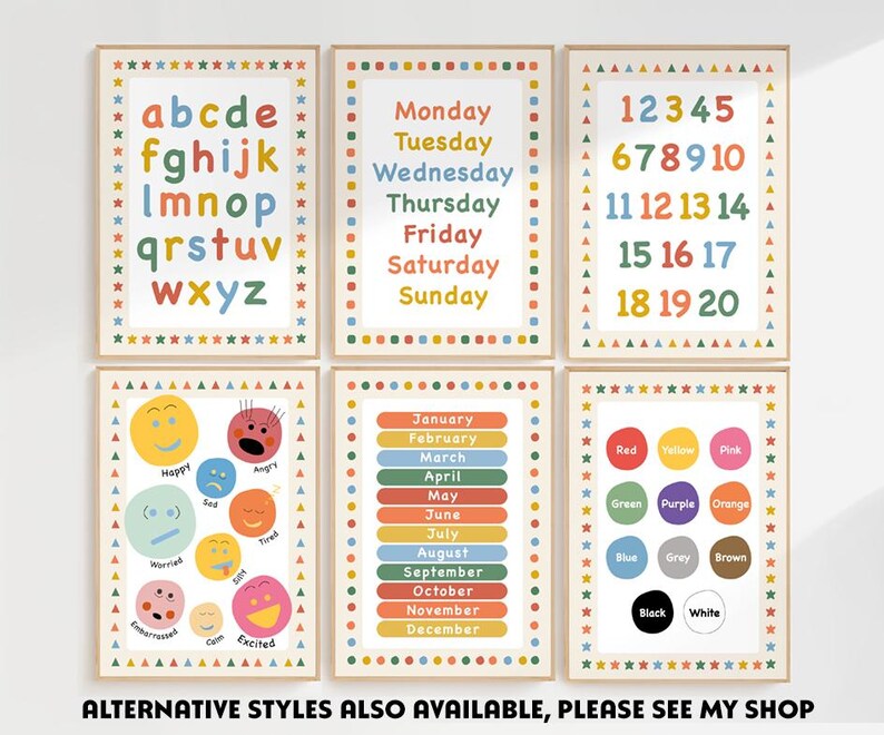 Kids educational, set of 2 3 4 5 6 prints, preschool learning, back to school, classroom print, playroom decor, educational posters image 2