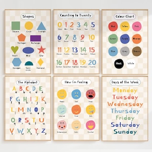 Kids educational, set of 2 3 4 5 6 prints, preschool learning, back to school, classroom print, playroom decor, educational posters image 1