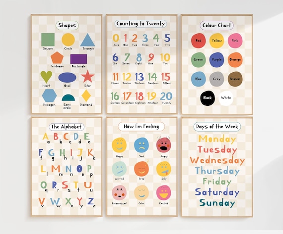 Kids educational, set of 2 3 4 5 6 prints, preschool learning, back to school, classroom print, playroom decor, educational posters