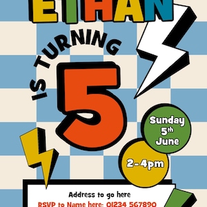Puede incluir: Invitaci&oacute;n de cumplea&ntilde;os retro con el nombre "ETHAN" en letras coloridas. El n&uacute;mero "5" se muestra de forma destacada, con la fecha y hora del evento. La invitaci&oacute;n incluye informaci&oacute;n de RSVP y una solicitud de requisitos diet&eacute;ticos.
