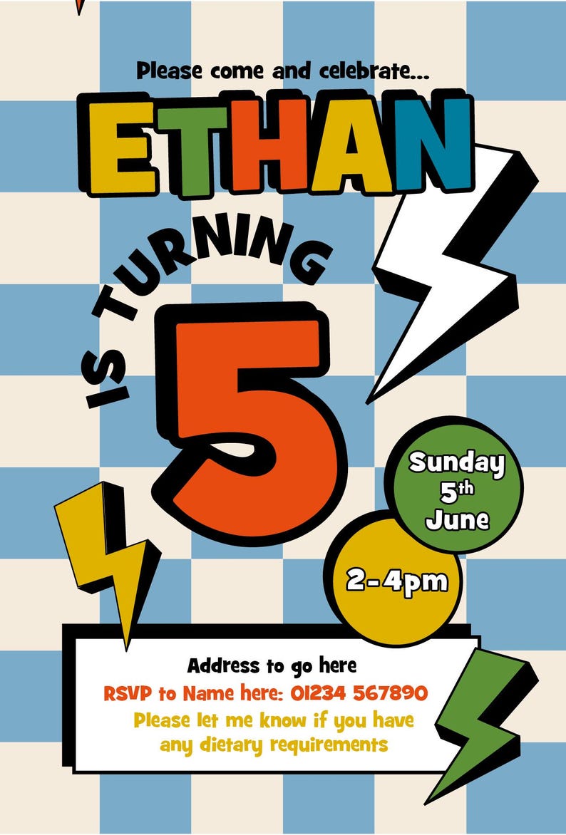 Puede incluir: Invitaci&oacute;n de cumplea&ntilde;os retro con el nombre "ETHAN" en letras coloridas. El n&uacute;mero "5" se muestra de forma destacada, con la fecha y hora del evento. La invitaci&oacute;n incluye informaci&oacute;n de RSVP y una solicitud de requisitos diet&eacute;ticos.