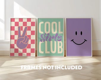 Cool girl bedroom set of 3 prints, smile face, retro style, tween room, girl power, peace wall art, colourful kids, checkerboard, pink green