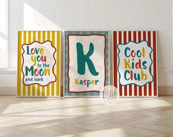 Set of 3, boys bedroom prints, cool kids club, personalised, toddler wall art, nursery quote, colourful kids, playroom decor, red, love you