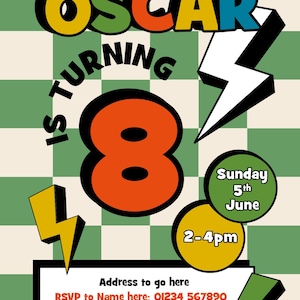 Puede incluir: Invitaci&oacute;n de cumplea&ntilde;os retro para OSCAR, que cumple 8 a&ntilde;os. El dise&ntilde;o presenta texto en negrita, gr&aacute;ficos de rayos y la fecha y hora de la fiesta. Incluye detalles de RSVP y requisitos diet&eacute;ticos.