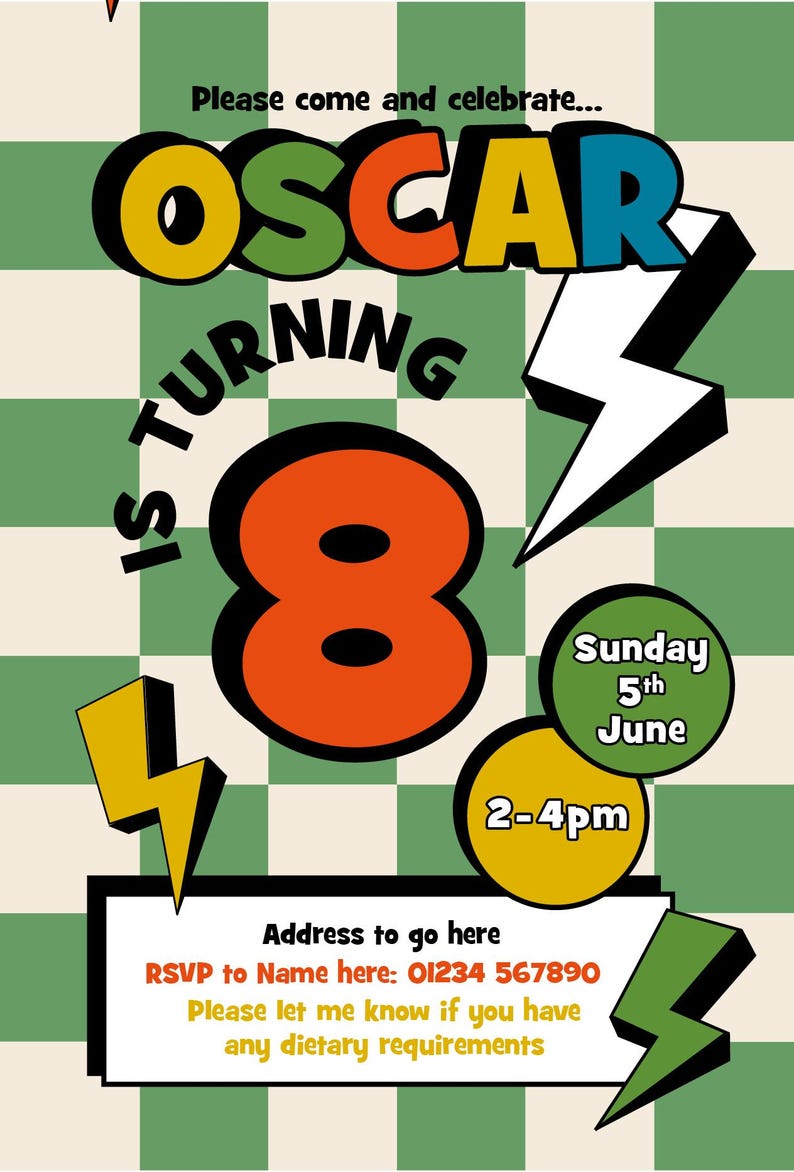 Puede incluir: Invitaci&oacute;n de cumplea&ntilde;os retro para OSCAR, que cumple 8 a&ntilde;os. El dise&ntilde;o presenta texto en negrita, gr&aacute;ficos de rayos y la fecha y hora de la fiesta. Incluye detalles de RSVP y requisitos diet&eacute;ticos.