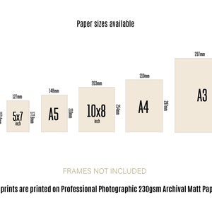 May include: Image detailing print sizes: 6x4 inch (101.6mm x 152.4mm), 5x7 inch (127mm x 177.8mm), A5 (148mm x 210mm), 10x8 inch (203mm x 254mm), A4 (210mm x 297mm), and A3 (297mm x 420mm). Text: "Paper sizes available".