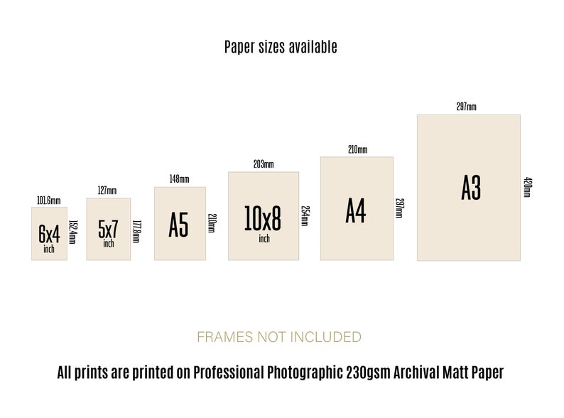 May include: Image detailing print sizes: 6x4 inch (101.6mm x 152.4mm), 5x7 inch (127mm x 177.8mm), A5 (148mm x 210mm), 10x8 inch (203mm x 254mm), A4 (210mm x 297mm), and A3 (297mm x 420mm). Text: "Paper sizes available".