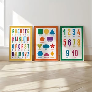 Kinderbilder, Schulposter, 3er-Set, Kinderwandkunst, Spielzimmer Poster, Zahlen, Lernposter, Regenbogen, Alphabet