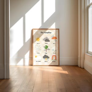 May include: A framed poster titled "The Weather" with illustrations of weather conditions including sunny, cloudy, rainy, and snowy. The poster is in a light brown frame and is displayed against a neutral wall.