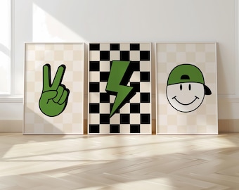 Retro style, teen prints, set of 3, boys bedroom prints, colourful kids decor, cool kids print, checkerboard