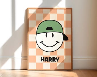 Smiley face, cool kids print, boys bedroom print, checkerboard, retro style prints, skater, positive poster, teen room prints, skateboard