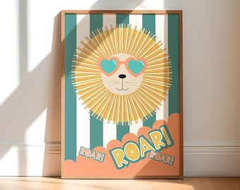 Arte con leone per la cameretta dei bambini, stampa per la camera dei bambini, stampa artistica della giungla, stampa di animali divertenti, stampa safari per la cameretta dei bambini, stampa per la cameretta dei ragazzi, decorazioni colorate per bambini