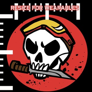Può includere: Illustrazione grafica di un teschio con elmetto e che morde un coltello, su un cerchio rosso su sfondo nero. Il testo "RESIZE FOR WEARABLES" è in alto. Il teschio ha un'espressione arrabbiata.