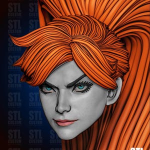May include: A 3D-rendered bust of a woman with orange hair and blue eyes. The woman has a stern expression. The background is dark blue with the text "STL CUSTOM COLLECTIONS" repeated.