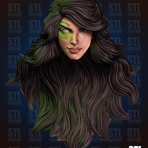 May include: A 3D-printed bust of a woman with long, flowing dark hair and green accents. The face has a green mask-like design over one eye. The background features a repeating pattern of the letters "STL" and the words "CUSTOM COLLECTIONS". The logo for "PATREON" is visible.