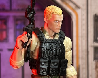 May include: Action figure of a soldier with blonde hair, wearing a black tactical vest with "ARMY" printed on it. The figure is holding a black rifle. The soldier is wearing a tan shirt and olive green trousers.