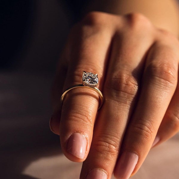 2 CT Hidden Halo Lab Grown Diamond Engagement Ring, Cushion Cut D/VS1 IGI Certified Diamond Ring, 14K Yellow Gold Wedding Ring, Bridal Ring