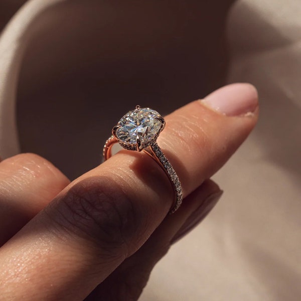 2.5 CT Oval Cut Hidden Halo Diamond Ring, E/VS2 Lab Grown Diamond Engagement Ring, 14K White Gold Wedding Ring, Pave Set Anniversary Ring