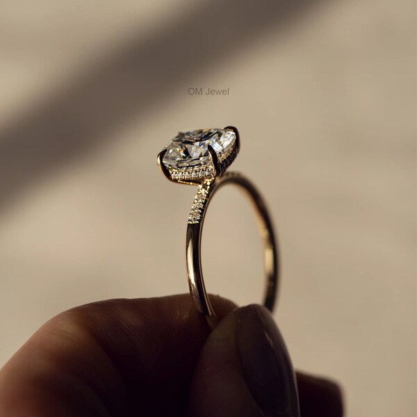 Lab Grown Diamond Hidden Halo Engagement Ring, Cushion Cut E/VS2 IGI Certified Lab Created Diamond Wedding Ring, 14K Gold Anniversary Ring