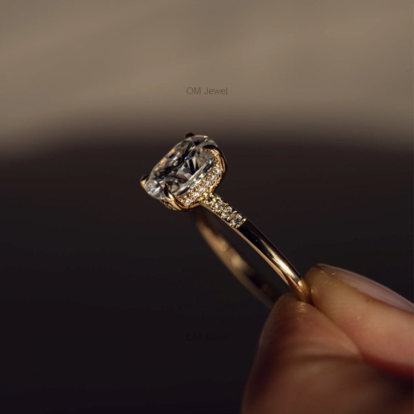 2 Carat Cushion Cut Lab Grown Diamond Engagement Ring, IGI Certified F/VS2 Lab Created Diamond Wedding Ring, 14K White Gold Hidden Halo Ring