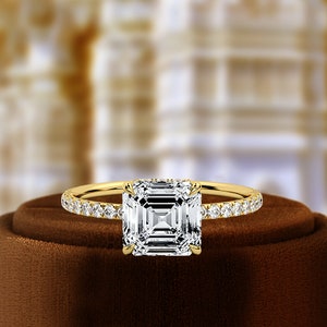 1CT Solitaire Engagement Ring, Asscher Cut Hidden Halo Pave Wedding Proposal Ring, 14K Yellow Gold Ring, IGI Certified Lab Grown Diamond