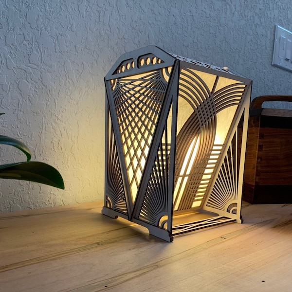 Digital Download - Laser Cut Art Deco Style Lamp, Lantern, Desk Lamp, Glowforge, Rice Paper, LED Light