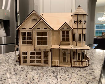 Viktorianskt hus laserskuret miniatyrmodell kulturarvsbydekor SVG digital nedladdning