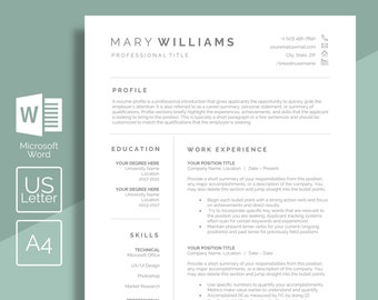 Minimal Resume Template | Microsoft Word Template | Professional Modern Resume | Cover Letter References | Instant Download