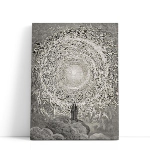 Puede incluir: Obra de arte en blanco y negro que representa a dos figuras de pie sobre una colina, mirando una luz brillante y arremolinada. El estilo de ilustraci&oacute;n recuerda a una xilograf&iacute;a, con sombreado y textura detallados, creando una escena dram&aacute;tica.