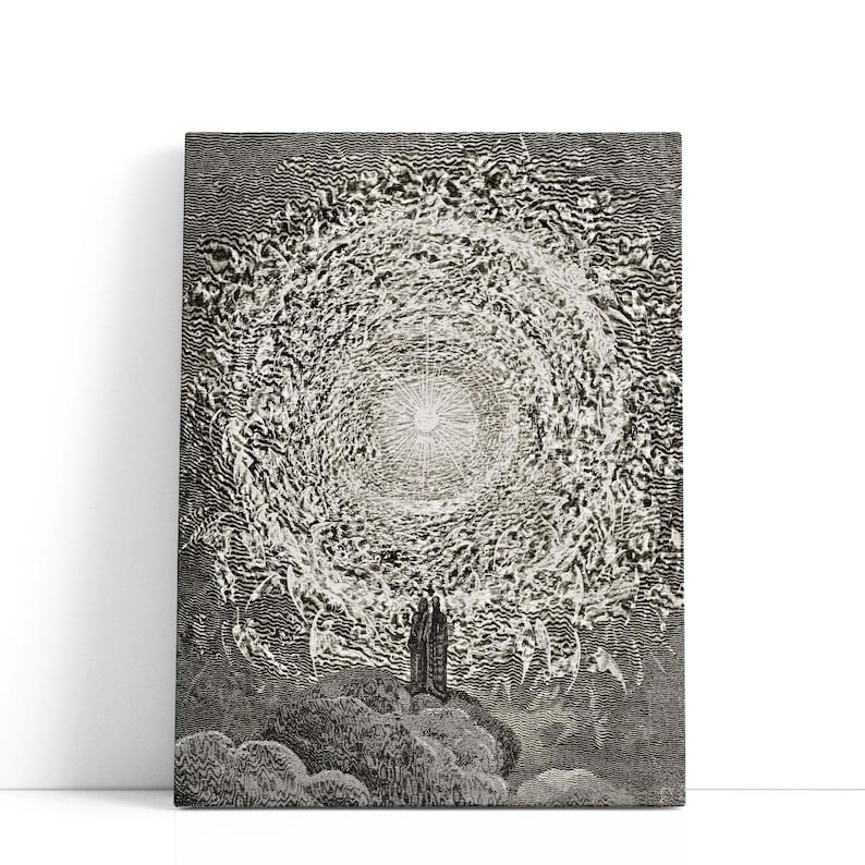 Puede incluir: Obra de arte en blanco y negro que representa a dos figuras de pie sobre una colina, mirando una luz brillante y arremolinada. El estilo de ilustraci&oacute;n recuerda a una xilograf&iacute;a, con sombreado y textura detallados, creando una escena dram&aacute;tica.