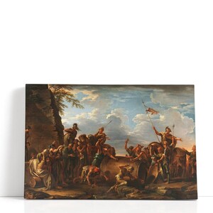 May include: A canvas print of a classical painting depicting a dramatic scene with numerous figures. The artwork features a cloudy sky, a large wooden barrel, and individuals in historical attire, with a range of colors from browns to blues.