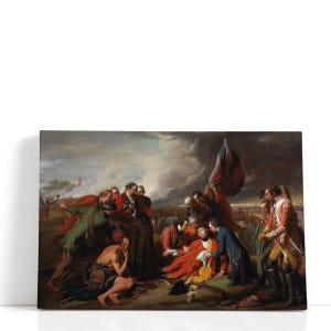 May include: A canvas print of a historical painting depicting a battle scene. Soldiers in red and green coats surround a fallen figure. A Native American man sits in the foreground. A flag is held aloft in the background, with a stormy sky.