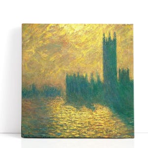 Opera d'arte di Claude Monet - Houses of Parliament, 1904 / Luminosa arte murale architettonica del Parlamento e sereno tramonto sul fiume per un'eleganza senza tempo