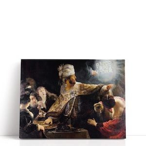 May include: A canvas print of a historical painting depicting a man in ornate clothing gesturing towards a glowing inscription. Other figures are gathered around a table, illuminated by a dark background. The artwork features rich colors and detailed brushstrokes.