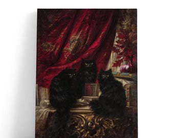 May include: A canvas print featuring a vintage painting of three black cats with yellow eyes. They are seated on a table with books, in front of a red curtain. The artwork has a classic, gothic aesthetic.