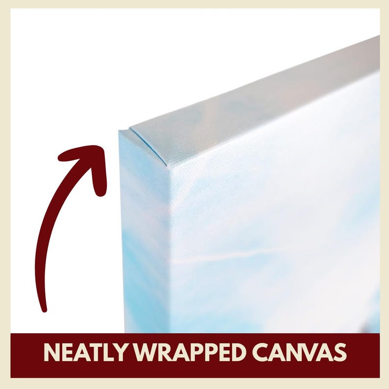 Puede incluir: Primer plano de una impresi&oacute;n en lienzo con un borde cuidadosamente envuelto. El lienzo tiene una combinaci&oacute;n de colores azul claro y blanco. Una flecha roja oscura apunta al borde envuelto. El texto "NEATLY WRAPPED CANVAS" est&aacute; en la parte inferior.