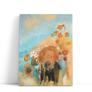 May include: An abstract painting on canvas featuring a figure with a beard, surrounded by flowers. The artwork uses a palette of blues, oranges, and gold, with visible brushstrokes and textures. The style is reminiscent of impressionism.