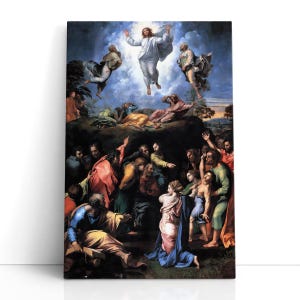 May include: A canvas print of a Renaissance-style painting depicting a religious scene. The artwork features figures in flowing robes, with a central figure ascending into a bright sky. The color palette includes blues, reds, and golds, creating a dramatic effect.