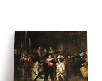 May include: A canvas print of Rembrandt's "The Night Watch" painting. The artwork depicts a group of figures in a dimly lit scene, with a variety of costumes and weaponry. The color palette is dominated by dark browns, blacks, and golds.