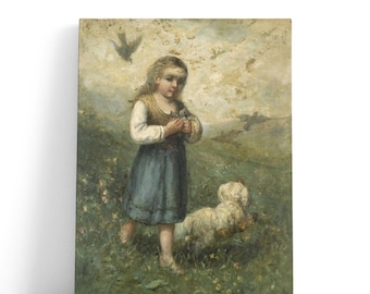 May include: An oil painting on canvas depicting a child with light brown hair wearing a white long-sleeved shirt and a blue dress, holding a small bird in their hands. A white dog stands in the green grass beside the child in a field.