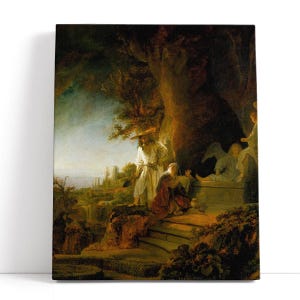 Opera d'arte di Rembrandt van Rijn - Cristo e Santa Maria Maddalena al sepolcro, 1638 / Dipinto storico su tela raffigurante Gesù e decorazione murale religiosa sacra